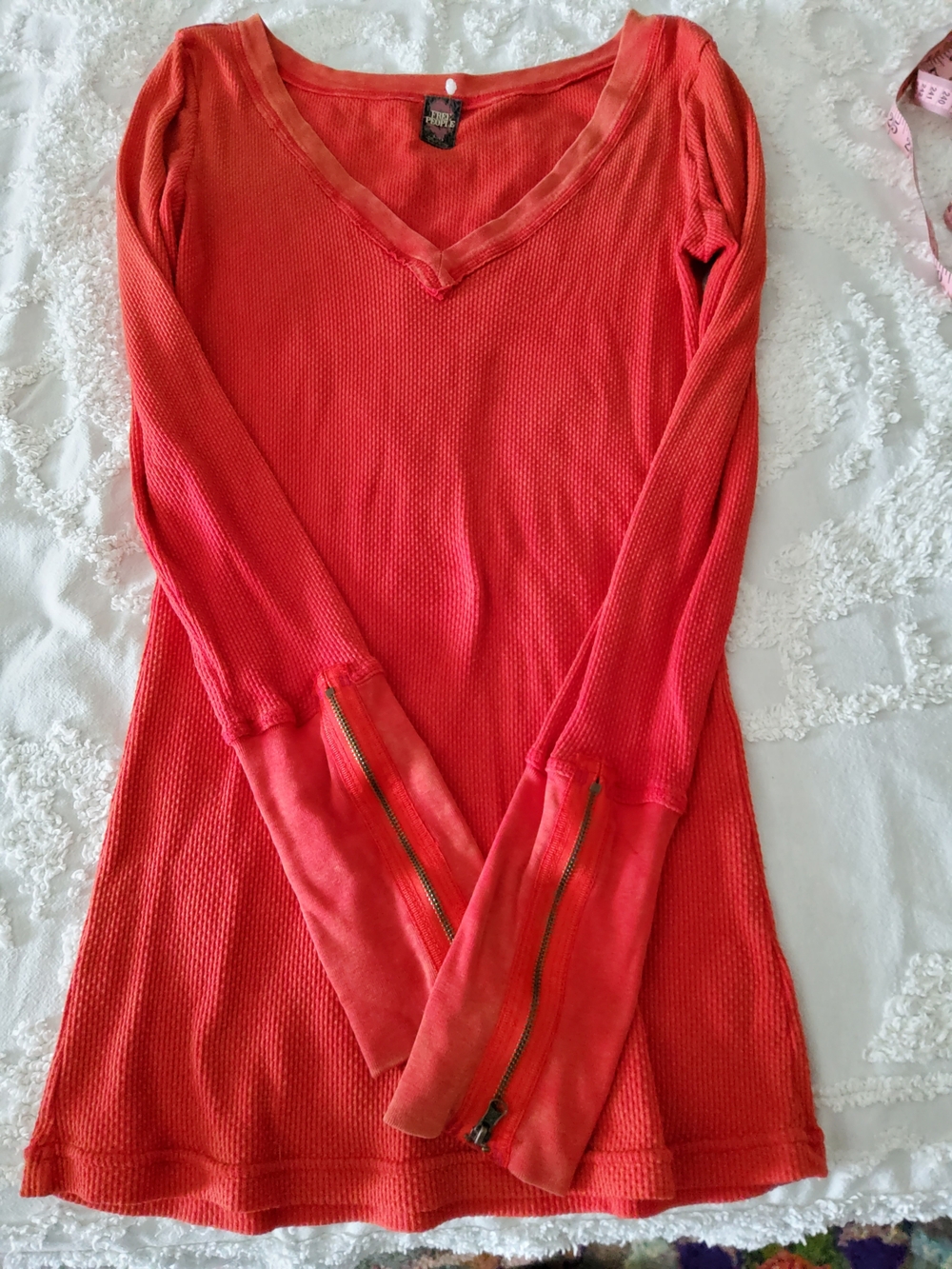 Free People Coral-Red V-Neck Long Sleeve Thermal Top with Zip Cuffs